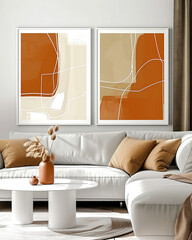 Minimalist interior design of modern living room with sofa and two posters frames.
