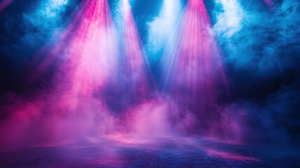 Fototapeta premium Vivid beams of light cutting through mist on a concert stage, neon blue and pink, dynamic atmosphere, energetic scene, high contrast shadows