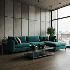 Living room interior in loft, industrial style, 3d render
