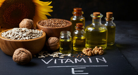 Cooking oils and seeds with healthy oils rich in vitamin E on a dark background