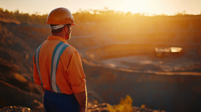 American worker in overalls and a hard hat standing at the site, looking into the distance, with an open mining pit in the background. 
