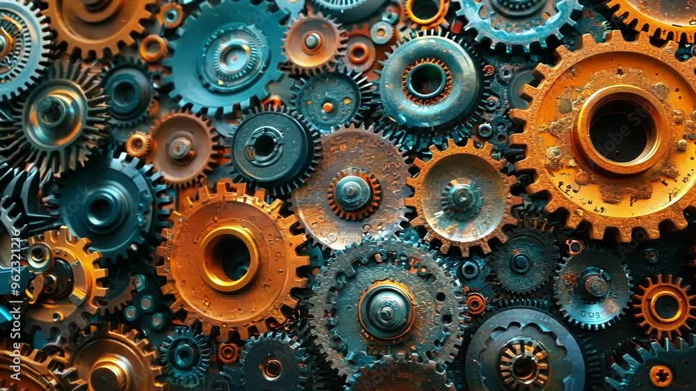 Poster intricately connected metallic gears create a sophisticated mechanism, showcasing precision and team