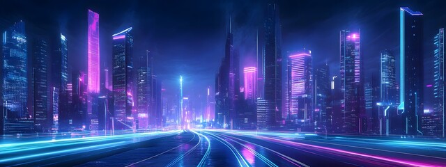 Fototapeta premium A futuristic cityscape with neon lights and skyscrapers, serving as a background for a video game or motion graphics