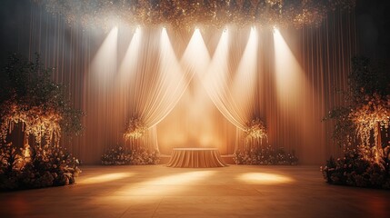 Dramatic spotlight with soft shadows, elegant stage setup, warm golden tones, intimate mood