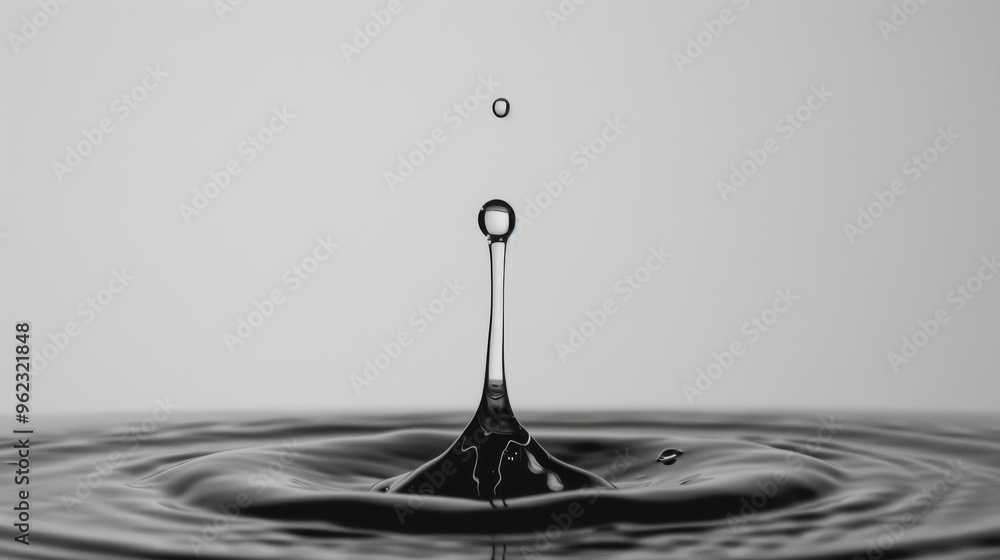 Poster a high-speed photograph capturing the precise moment a water droplet splashes into a pool, creating 