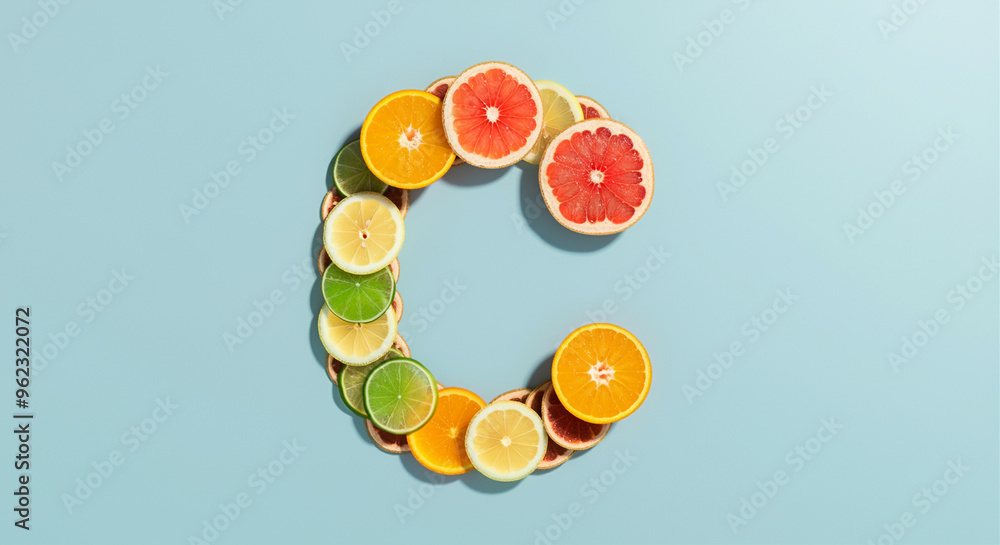 Poster citrus fruits arranged in colorful slices forming a letter c with vibrant colors and refreshing appe