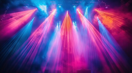 Concert stage with a burst of light rays, vibrant colors, energetic and lively atmosphere