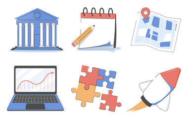Obraz premium Business, icon set in modern style. Calendar, map, laptop, puzzle, bank, rocket, graphic. Hand drawn vector digital