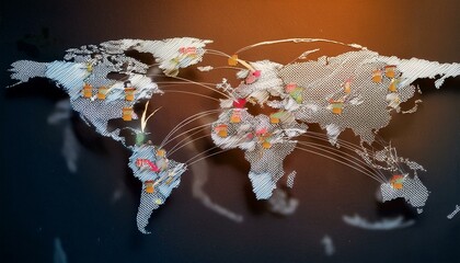 Global Network: 3D World Map with Connected Location Pins, Orange Light, Dark Background.