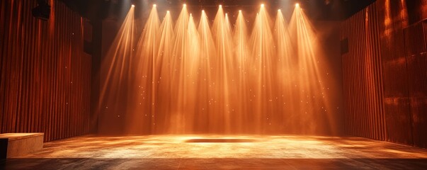 Soft spotlight with diffuse shadows, minimal stage setup, warm golden tones, intimate and refined mood