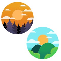 set of a rounded icons with day and night landscape nature