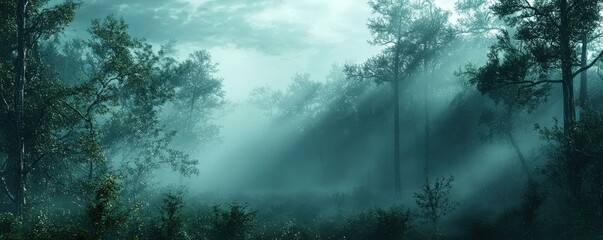 Morning mist rolling through a dense forest, foggy weather, mysterious ambiance