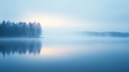 Drifting fog over a still lake at dawn, foggy weather, calm and ethereal