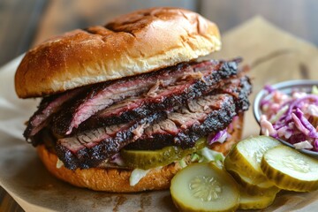 A smoked brisket sandwich served on a toasted bun with pickles and a side of coleslaw