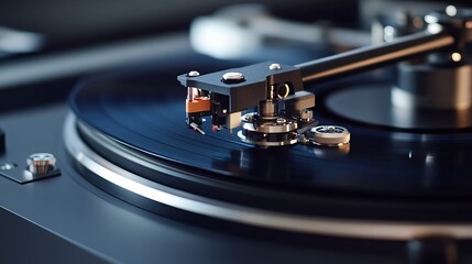 A close-up view of a record player, showcasing the intricate workings of the device. The turntable, tonearm, and cartridge are clearly visible, providing a glimpse into the mechanics of vinyl