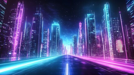 Obraz premium A futuristic cityscape with neon lights and skyscrapers, serving as a background for a video game or motion graphics