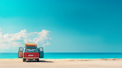 Naklejka premium A car with its doors open, parked on a quiet beach with a scenic view of the horizon, embodying a peaceful vacation road trip 