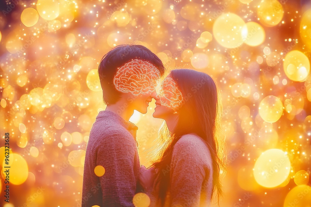 Poster neural entrainment mastermind a couple kissing with glowing neural patterns representing the blendin