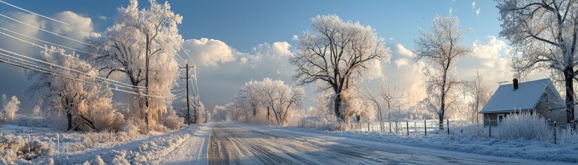 Ice storm covering trees and power lines with a layer of ice, freezing weather, dangerous beauty