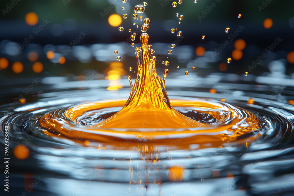 Poster an abstract composition of multiple droplets of different sizes colliding and merging, forming intri