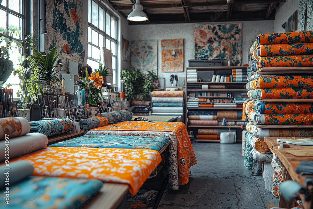 Aufkleber a textile design studio with various fabrics and design tools, showing the creative side of the text