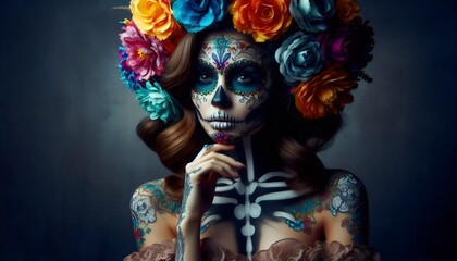 Elegant Katrinas Celebrating Day of the Dead with Vibrant Floral Headpieces