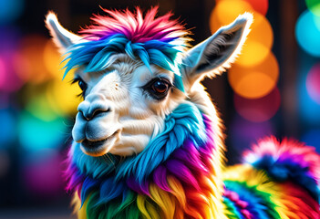 Llama with multicolored fur, rainbow fur, colorful film art, concept delightful digital painting.
