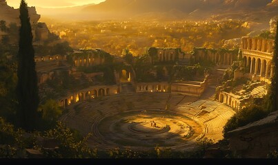 Ancient Amphitheater Overlooking a Golden Sunset