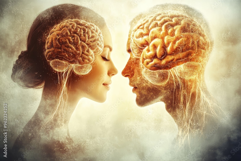 Poster empathic connection mastermind a couple gazing at each other with illuminated brains symbolizing the