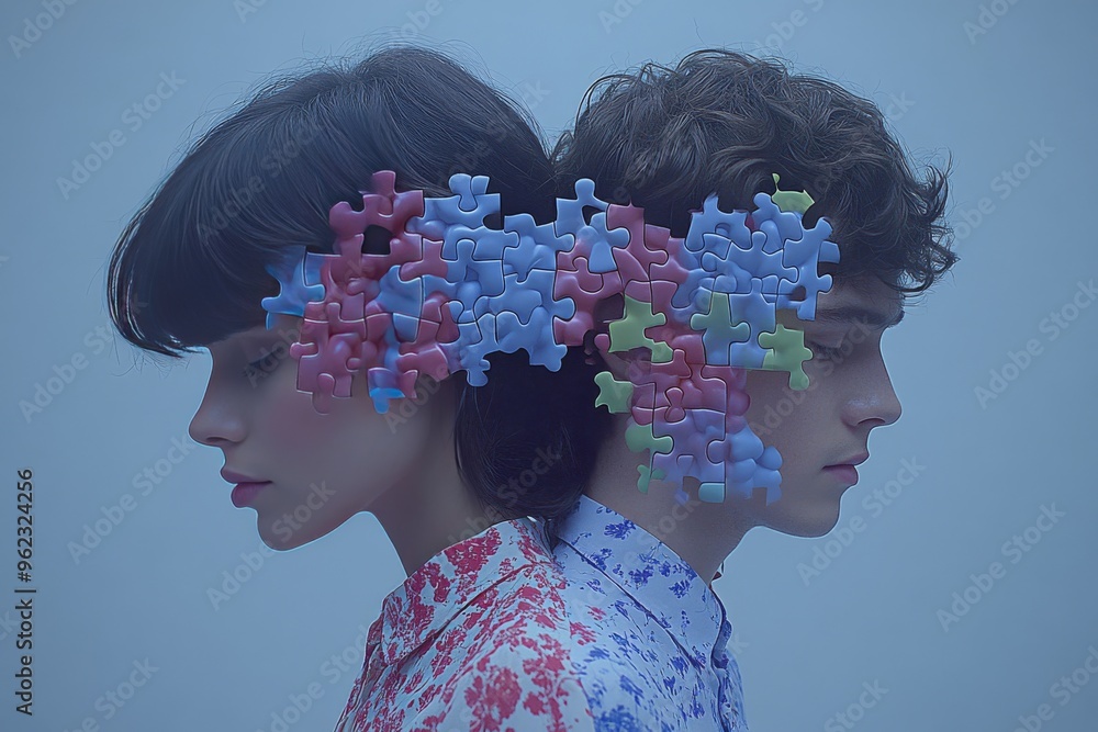 Poster collaborative thinking mastermind a couple standing back to back with puzzle piece brains representi
