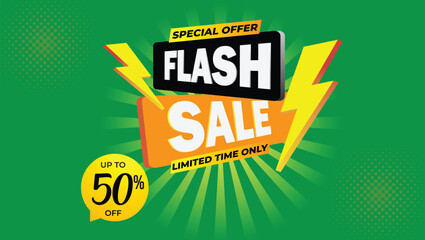 Flash sale mega offer background upto 75 percent off, special offer, limited time only, flash sale creative campaign sales green yellow banner template design for social media and website