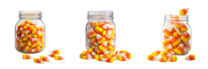 A jar of candy corn with a few pieces scattered around isolated on transparent background