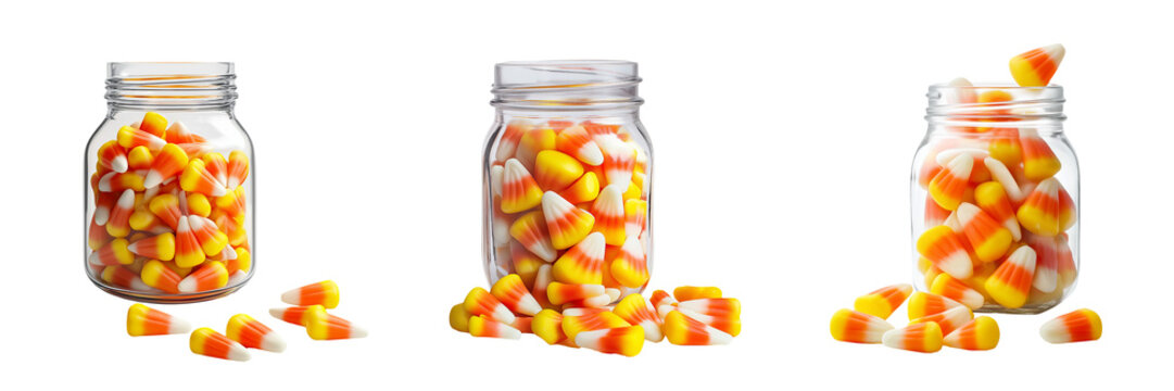 A jar of candy corn with a few pieces scattered around isolated on transparent background