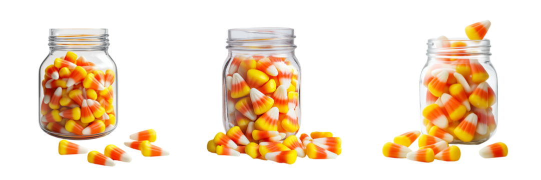 A jar of candy corn with a few pieces scattered around isolated on transparent background