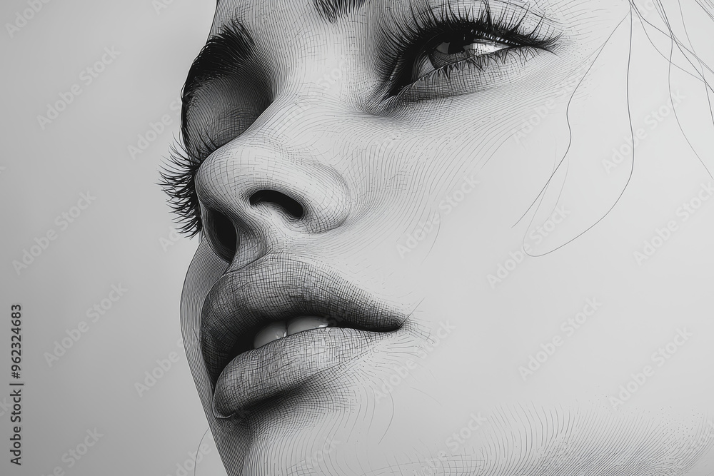 Poster a single line drawing of a face on a white canvas, showcasing the power of minimal artistic expressi