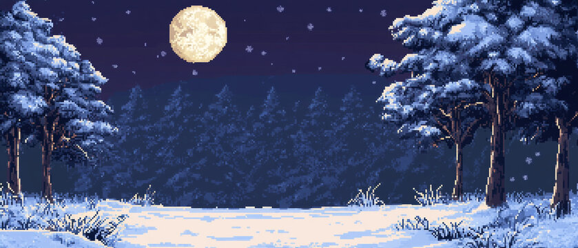 snowy forest ​​at night with full moon game platform illustration background