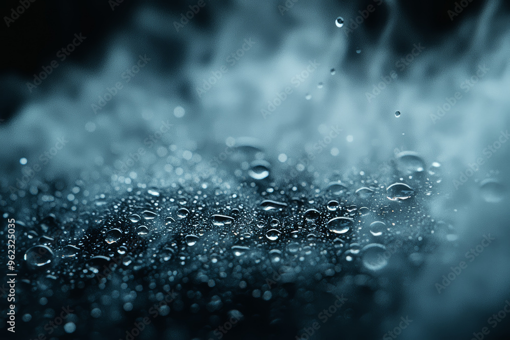 Poster a sequence of droplets falling through mist, gradually becoming less distinct as they merge with the