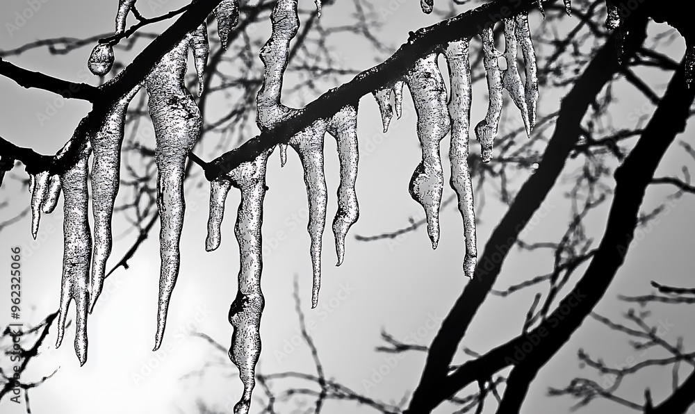 Poster icicles hanging from a branch with silhouetted trees in the background