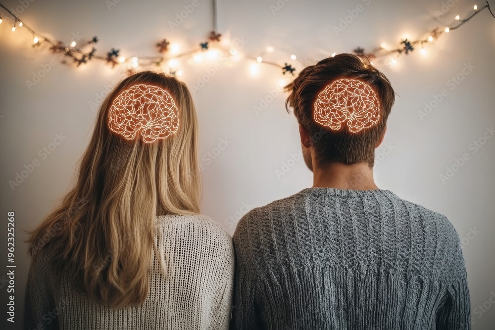 Poster group intelligence mastermind a couple standing together with illuminated brain patterns symbolizing