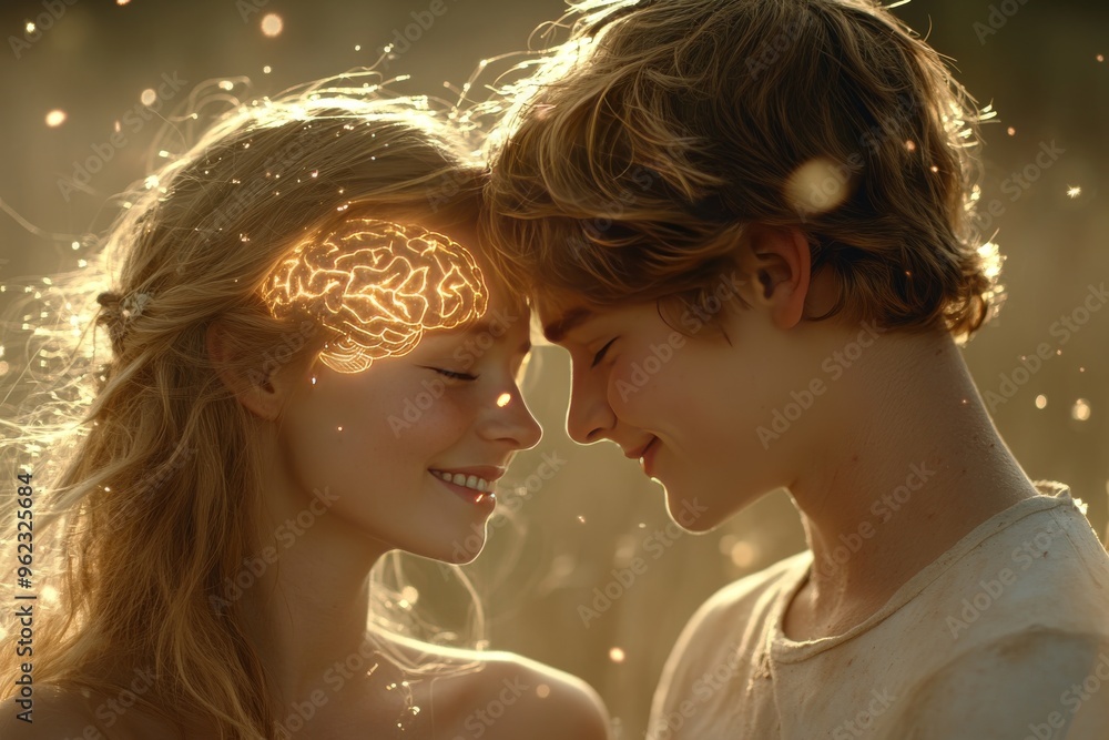 Poster collective cognition brain network romantic couple embracing with illuminated brain connections repr