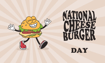 National Cheeseburger Day vintage banner. Groovy burger character. Funny vintage mascot food. Vector cartoon retro illustration