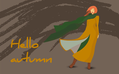 Autumn image of a girl in a long coat, boots and a warm scarf fluttering. Design of postcards, posters, backgrounds, templates, textiles, avatars. Vector illustration