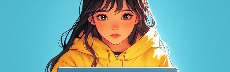 Anime Girl in Yellow Hoodie Working on Laptop