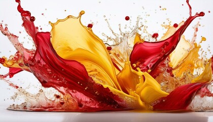 Abstract image with bold splashes of red and yellow merging and blending on a soft background.