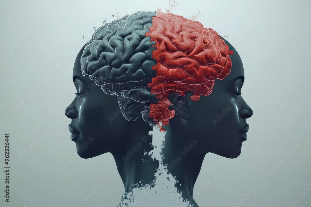 Poster neural entrainment brain network dual profile of two individuals one with a red hemisphere and the o