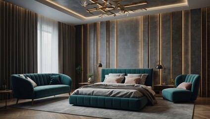 Detailed D rendering of a stylish and contemporary room interior.