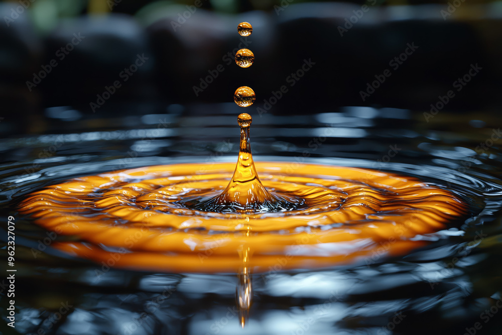 Poster a droplet of liquid slowly sliding down a slanted surface, tracing a path with its movement. concept