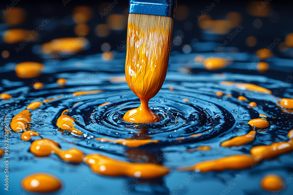 Poster a droplet of paint dripping from a brush and forming a mesmerizing pattern on canvas. concept of cre
