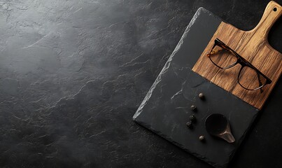 Wooden Cutting Board with Eyeglasses and Peppercorns on Black Slate