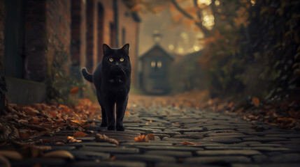 Black cat walking confidently along a cobblestone path -  friday the 13th. Halloween